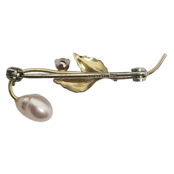 KREMENTZ VINTAGE 14K GOLD OVERLAY PIN WITH GENUINE RUBY & FRESHWATER PEARL & BOX - Picture 3 of 6